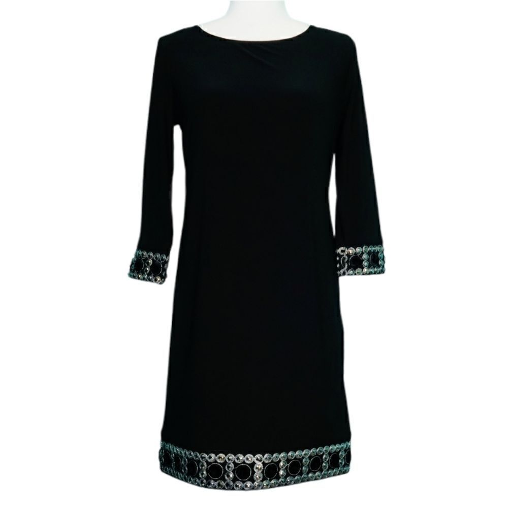Tiana B. Jewel Embellished Black Shift Dress Crew Neck Long Sleeve Women Size 8P - Picture 2 of 12